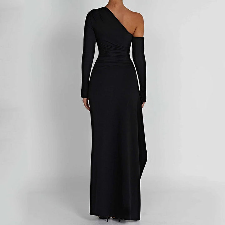 Damer Elegant En-axlad Maxi Klänning med Glittrande Tyg och Tajt Snitt Mirla-Eva Jonsson