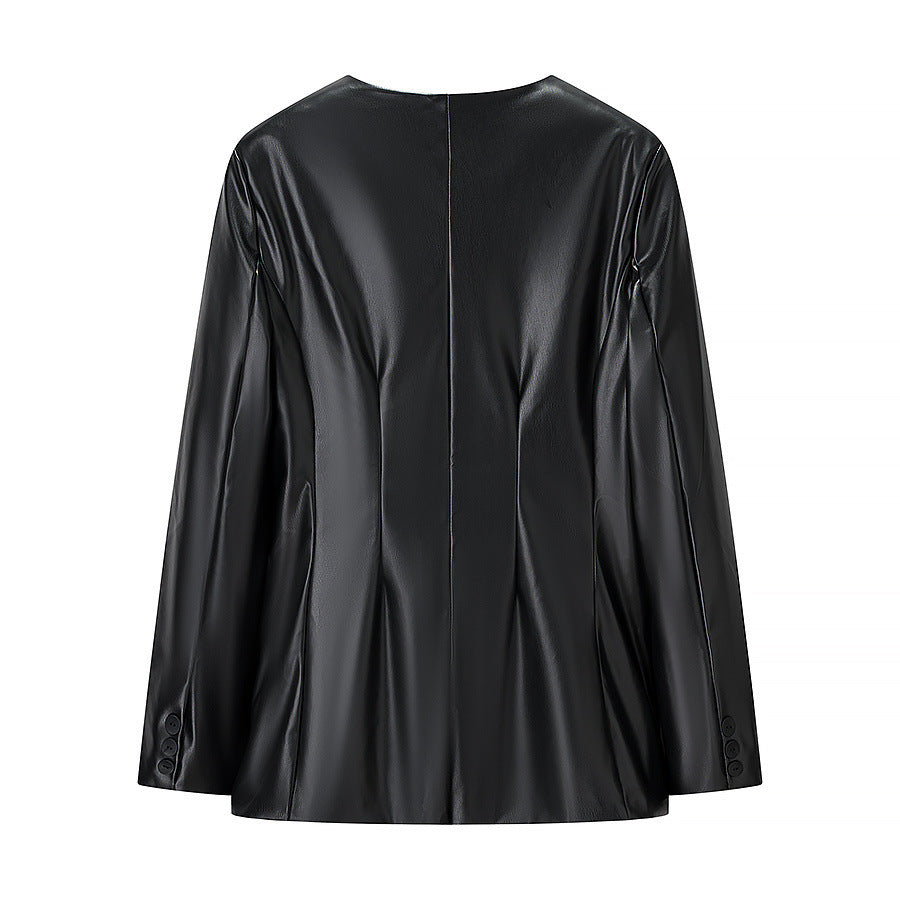 Damer Elegant Faux Leather Blazer Jacka med Modern Skärning och Fickor Mirla-Eva Jonsson