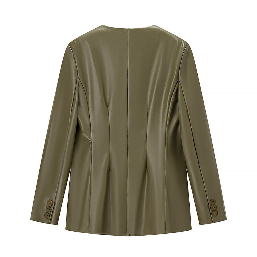 Damer Elegant Faux Leather Blazer Jacka med Modern Skärning och Fickor Mirla-Eva Jonsson