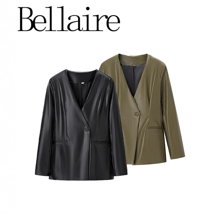 Damer Elegant Faux Leather Blazer Jacka med Modern Skärning och Fickor Mirla-Eva Jonsson