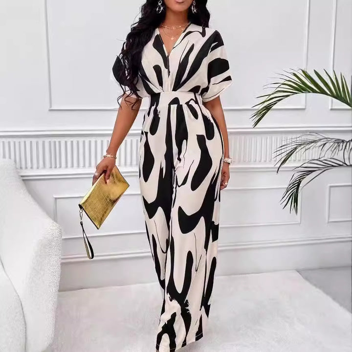 Damer Elegant Jumpsuit med stort mönster och V-hals Mirla-Eva Jonsson