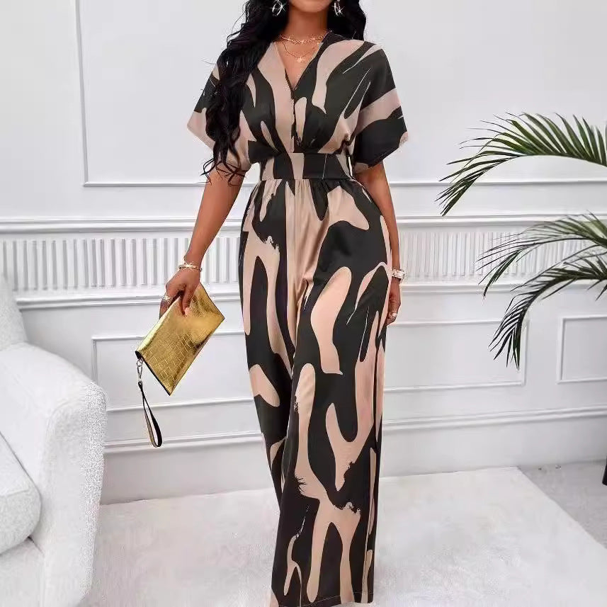 Damer Elegant Jumpsuit med stort mönster och V-hals Mirla-Eva Jonsson