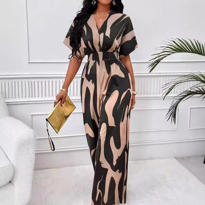 Damer Elegant Jumpsuit med stort mönster och V-hals Mirla-Eva Jonsson
