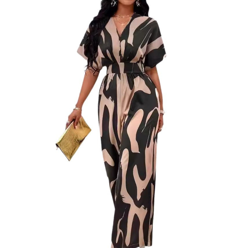 Damer Elegant Jumpsuit med stort mönster och V-hals Mirla-Eva Jonsson