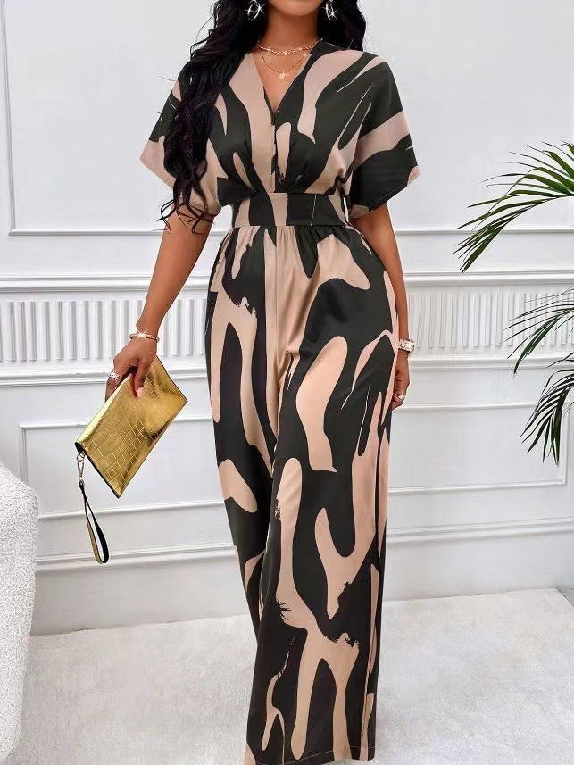 Damer Elegant Jumpsuit med stort mönster och V-hals Mirla-Eva Jonsson