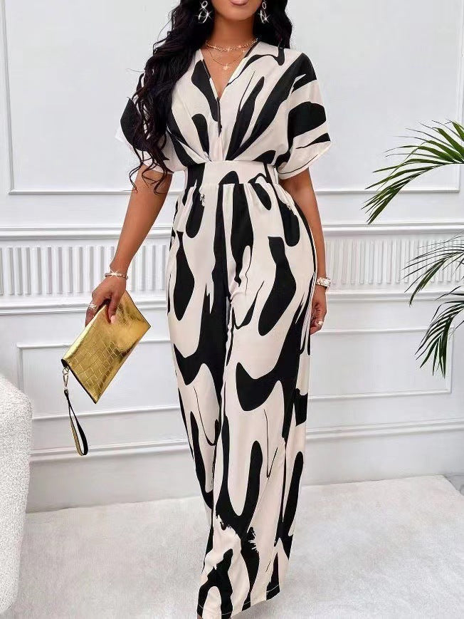Damer Elegant Jumpsuit med stort mönster och V-hals Mirla-Eva Jonsson