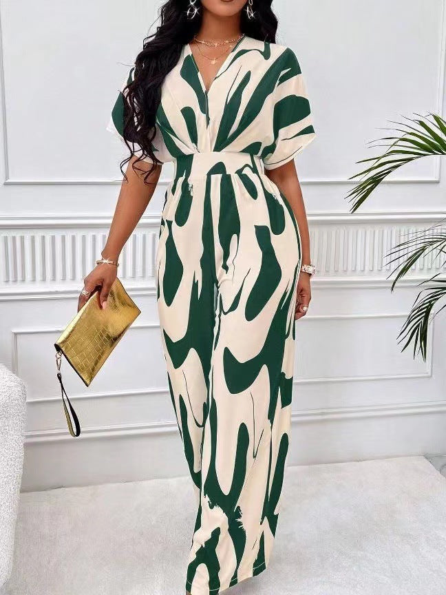 Damer Elegant Jumpsuit med stort mönster och V-hals Mirla-Eva Jonsson