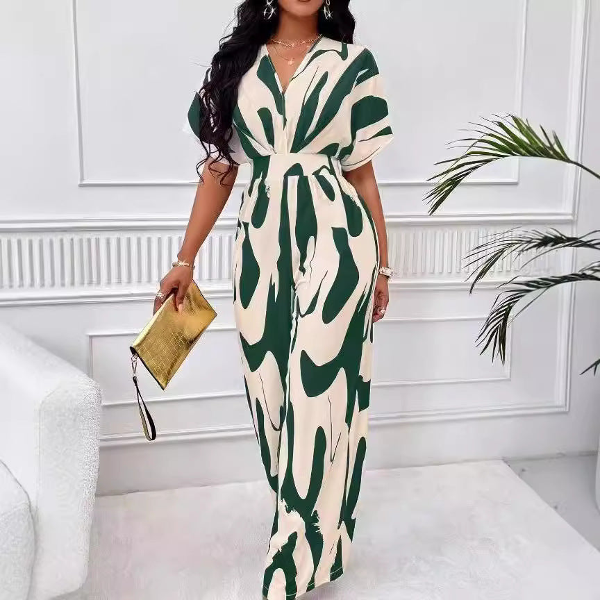Damer Elegant Jumpsuit med stort mönster och V-hals Mirla-Eva Jonsson