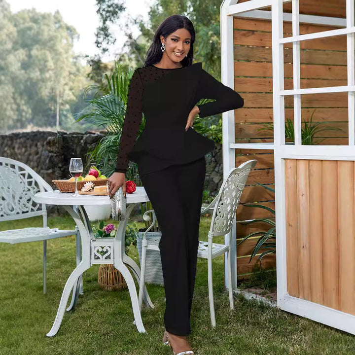 Damer Elegant Jumpsuit med transparenta puffärmar och djup V-ringning Mirla-Eva Jonsson