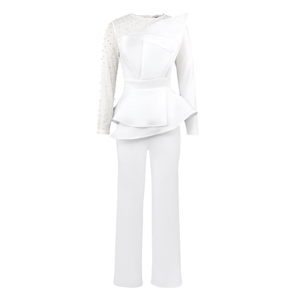 Damer Elegant Jumpsuit med transparenta puffärmar och djup V-ringning Mirla-Eva Jonsson