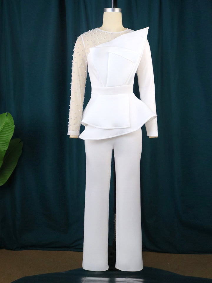 Damer Elegant Jumpsuit med transparenta puffärmar och djup V-ringning Mirla-Eva Jonsson