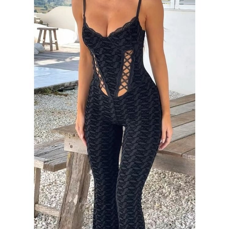 Damer Elegant Jumpsuit med utsökta Cut-Out detaljer och spetsdekoration-Eva Jonsson