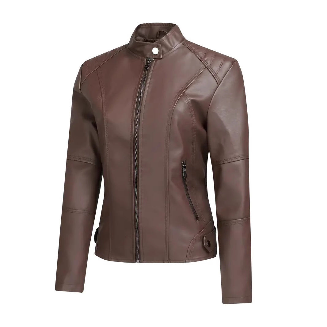 Damer Elegant Konstläder-Bikerjacka med hög krage och asymmetrisk dragkedja Mirla-Eva Jonsson