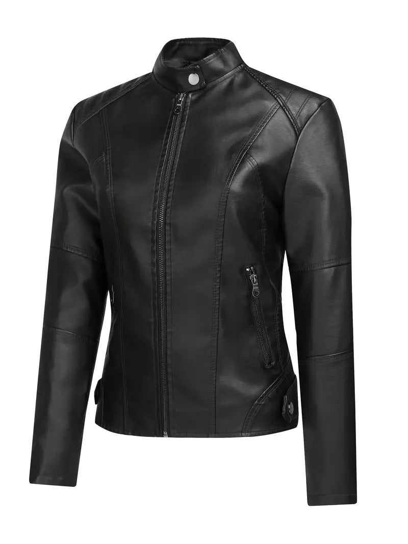Damer Elegant Konstläder-Bikerjacka med hög krage och asymmetrisk dragkedja Mirla-Eva Jonsson