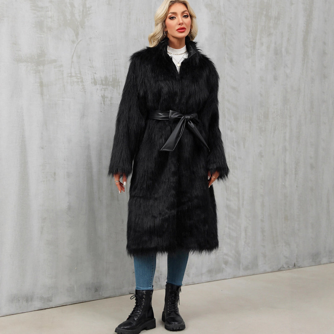 Damer Elegant Konstpäls-kappa med midjebälte och hög krage Eva Jonsson-Eva Jonsson