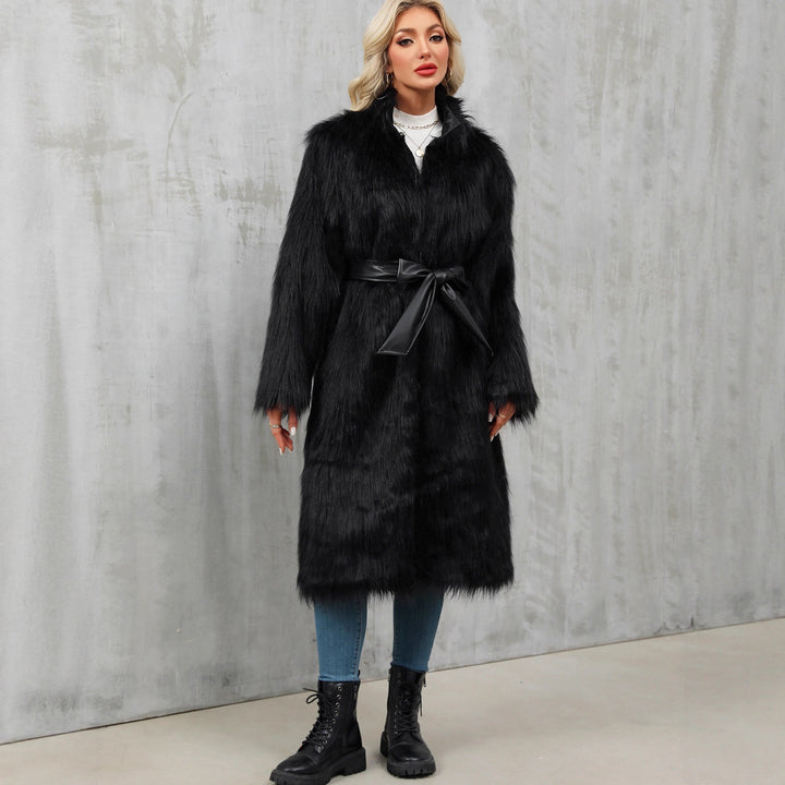 Damer Elegant Konstpäls-kappa med midjebälte och hög krage Eva Jonsson-Eva Jonsson