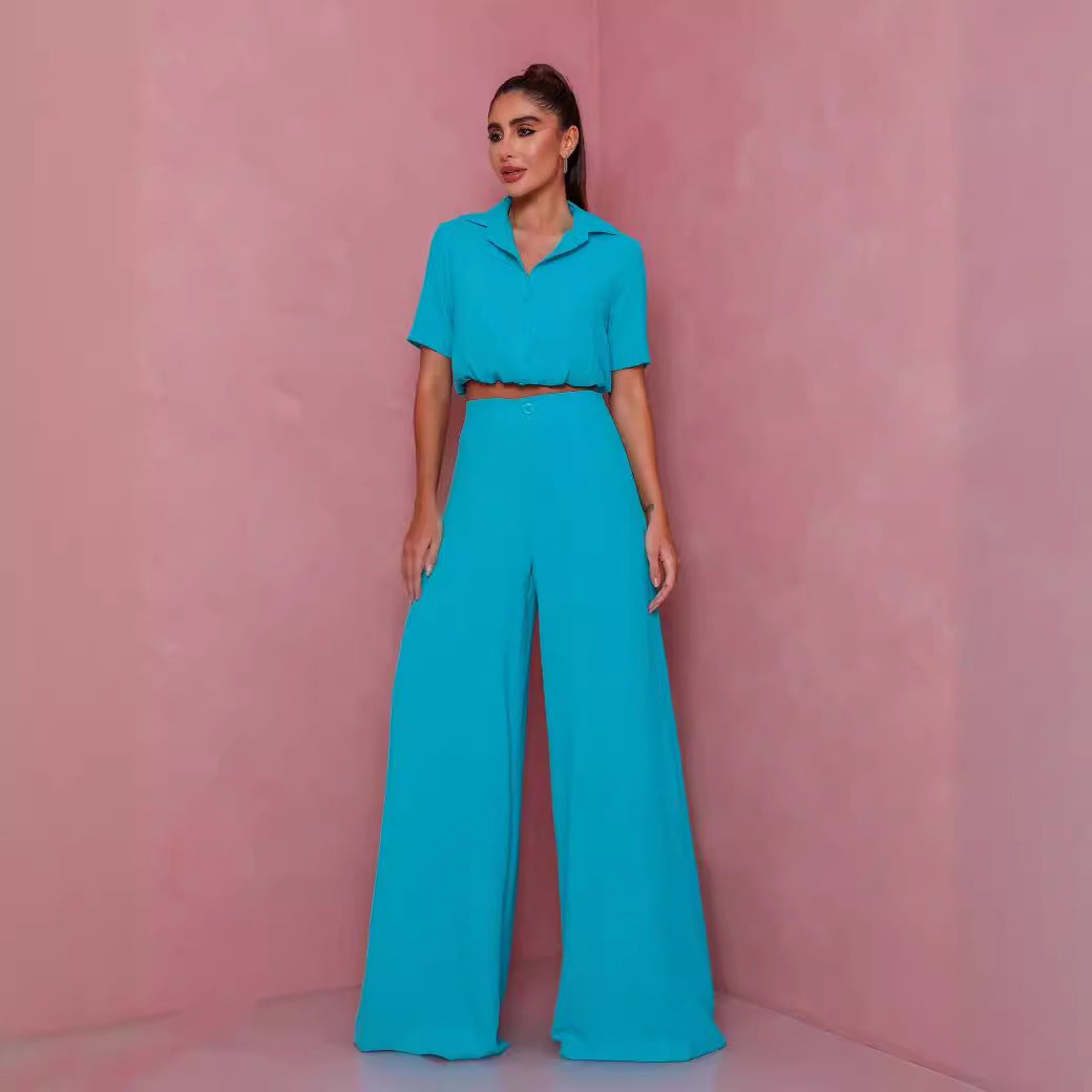 Damer Elegant Kortärmad Blus och Palazzo Byxor Ensemble Eva Jonsson-Eva Jonsson