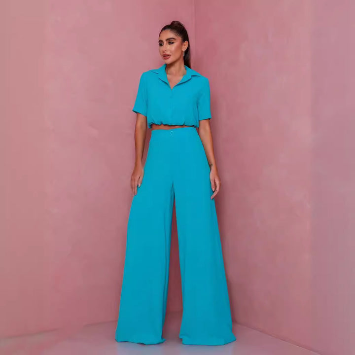 Damer Elegant Kortärmad Blus och Palazzo Byxor Ensemble Eva Jonsson-Eva Jonsson