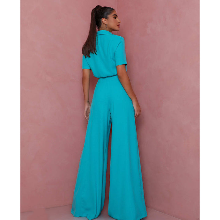 Damer Elegant Kortärmad Blus och Palazzo Byxor Ensemble Eva Jonsson-Eva Jonsson