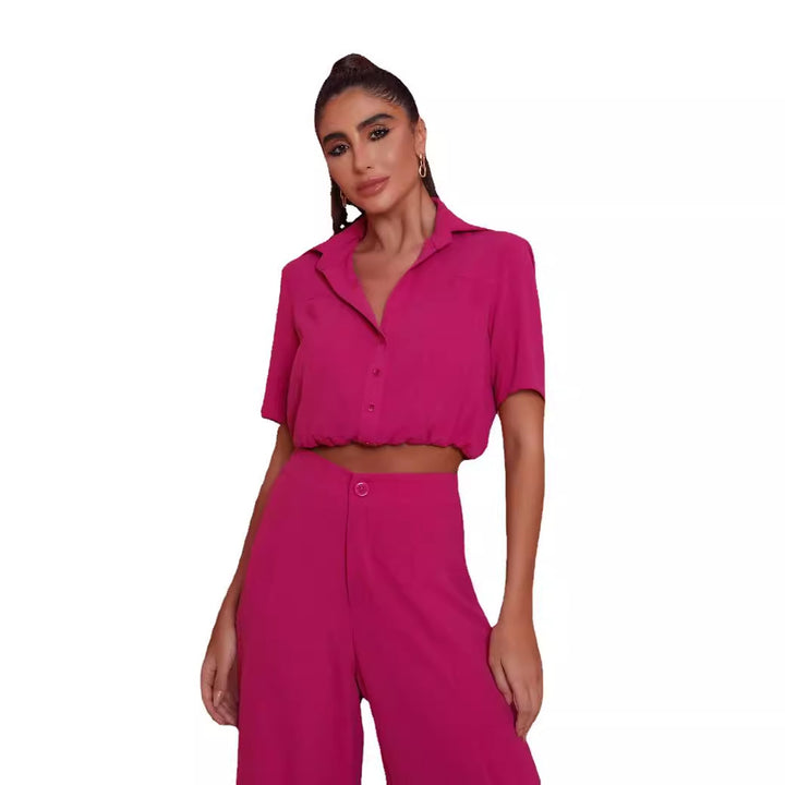 Damer Elegant Kortärmad Blus och Palazzo Byxor Ensemble Eva Jonsson-Eva Jonsson