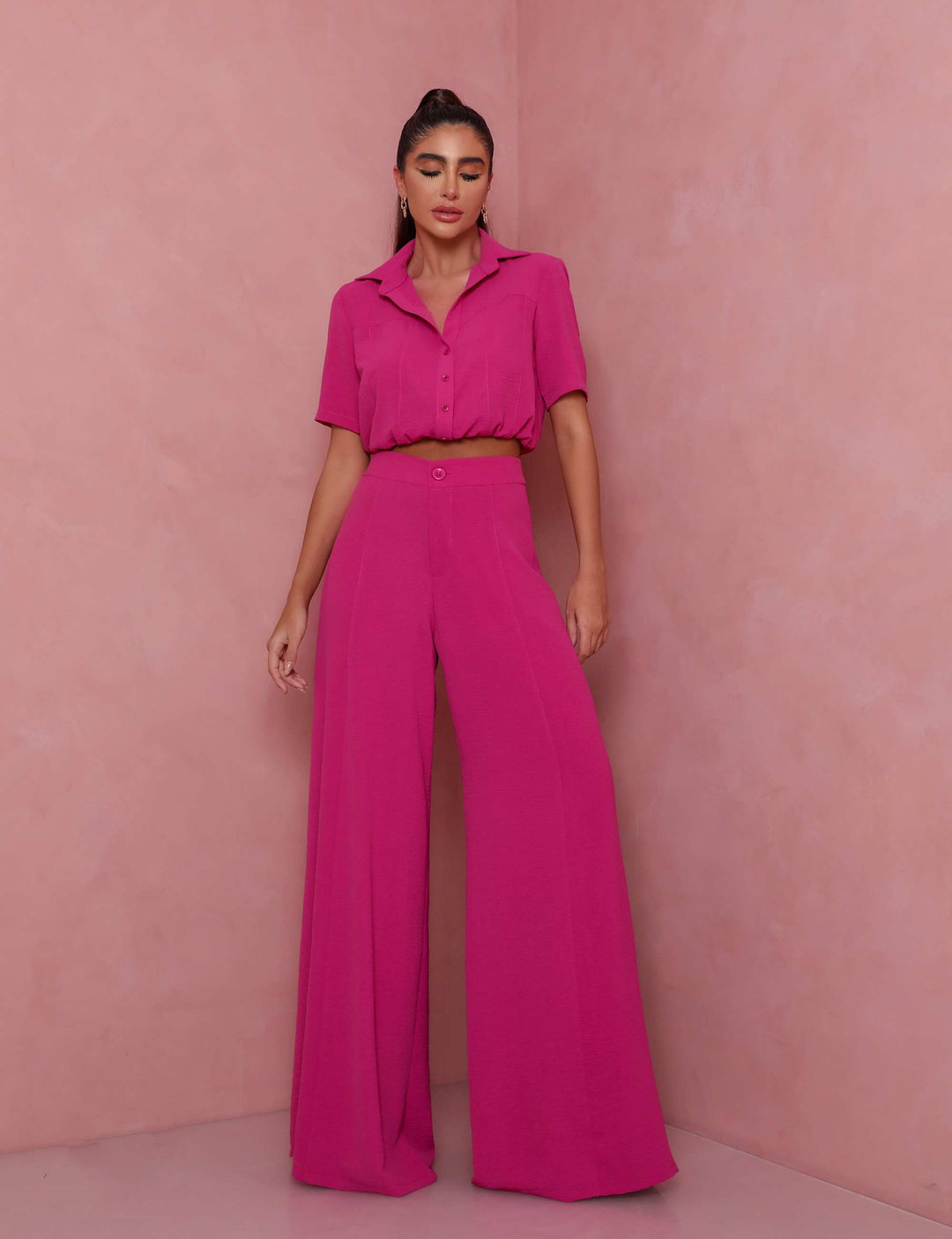 Damer Elegant Kortärmad Blus och Palazzo Byxor Ensemble Eva Jonsson-Eva Jonsson