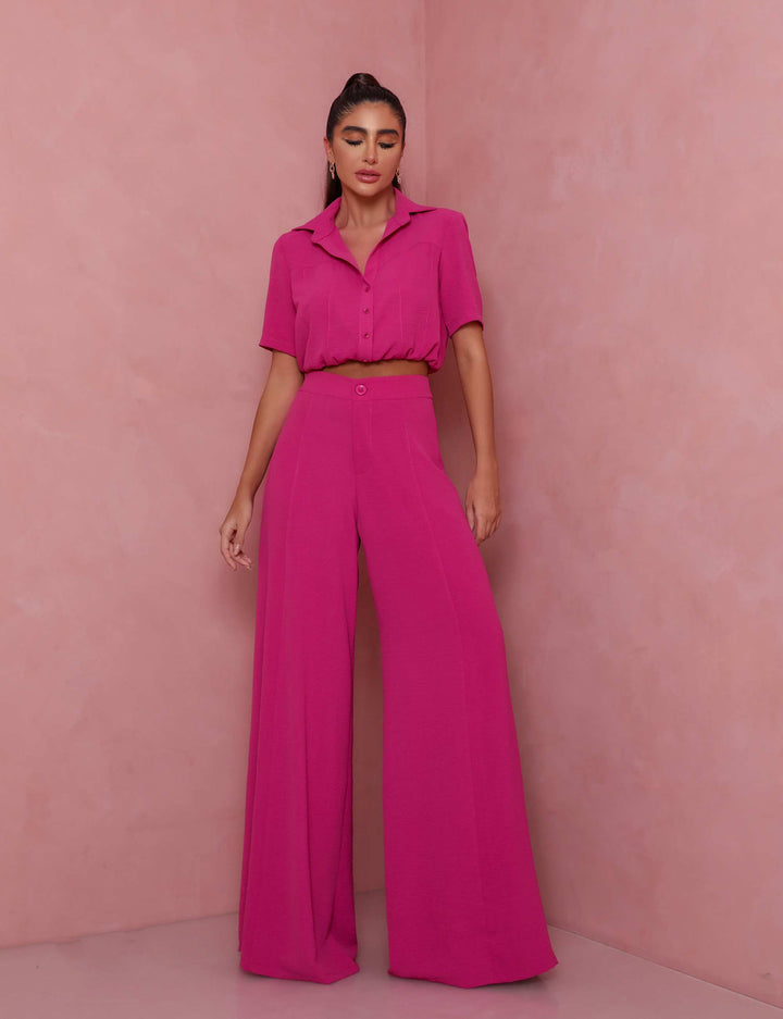 Damer Elegant Kortärmad Blus och Palazzo Byxor Ensemble Eva Jonsson-Eva Jonsson