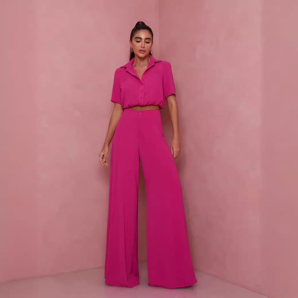 Damer Elegant Kortärmad Blus och Palazzo Byxor Ensemble Eva Jonsson-Eva Jonsson