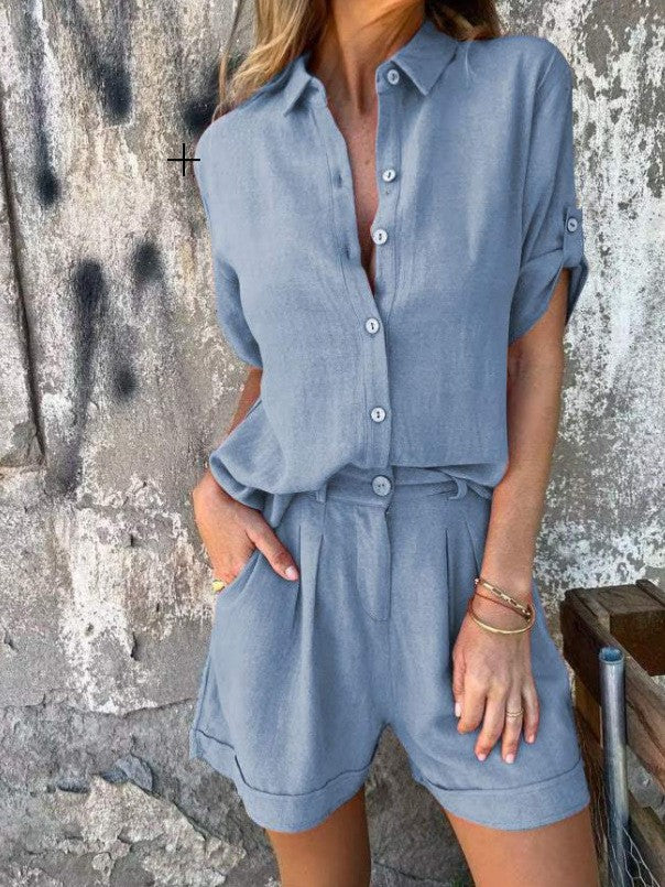 Damer Elegant Kortärmad Jumpsuit i andningsbart tyg med praktiska fickor Eva Jonsson-Eva Jonsson