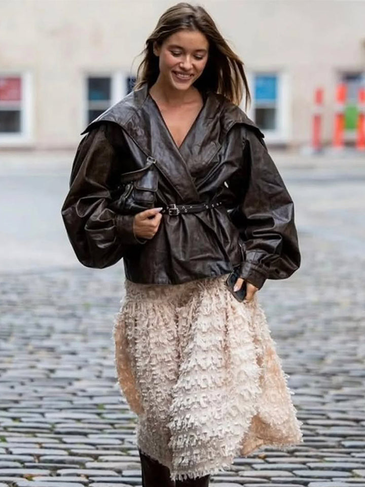 Damer Elegant Läderjacka med voluminösa Puffärmar Mirla-Eva Jonsson