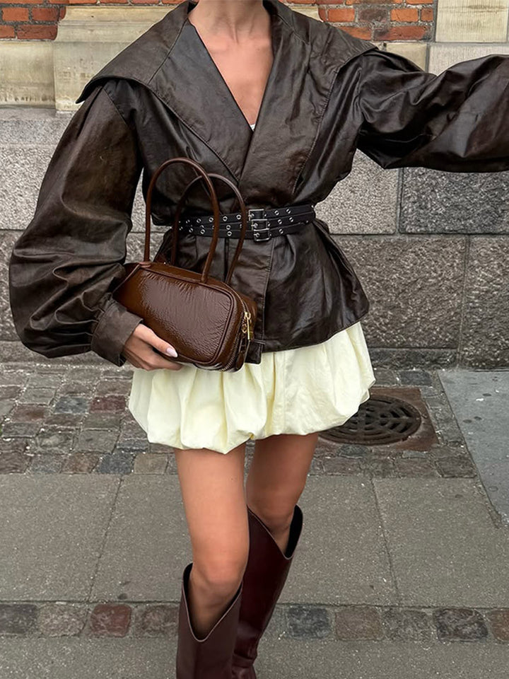 Damer Elegant Läderjacka med voluminösa Puffärmar Mirla-Eva Jonsson