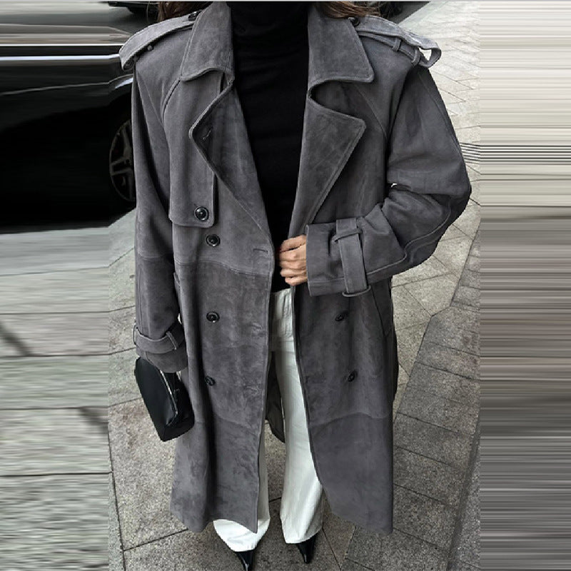 Damer Elegant Lång-Trenchcoat i mjukt mocka Mirla-Eva Jonsson
