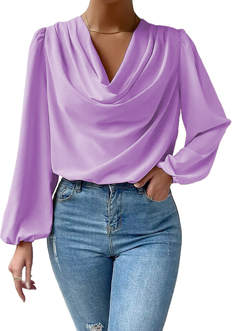 Damer Elegant Långärmad Blus Topp med Drapering och Vid Skärning Mirla-Eva Jonsson