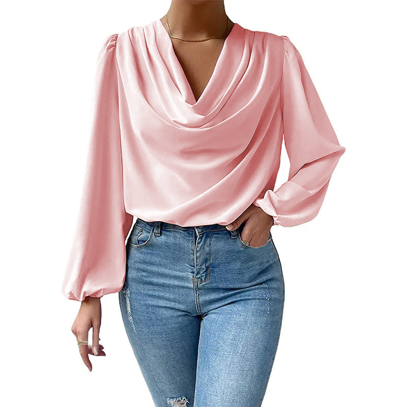 Damer Elegant Långärmad Blus Topp med Drapering och Vid Skärning Mirla-Eva Jonsson