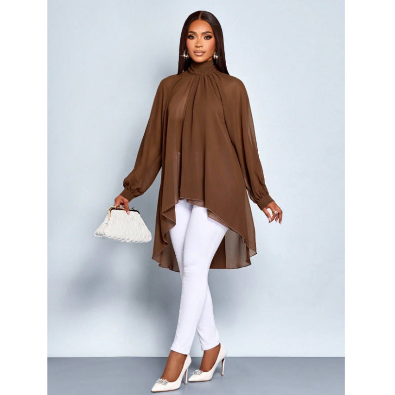 Damer Elegant Långärmad Blus med Asymmetrisk Söm och Ståkrage Mirla-Eva Jonsson