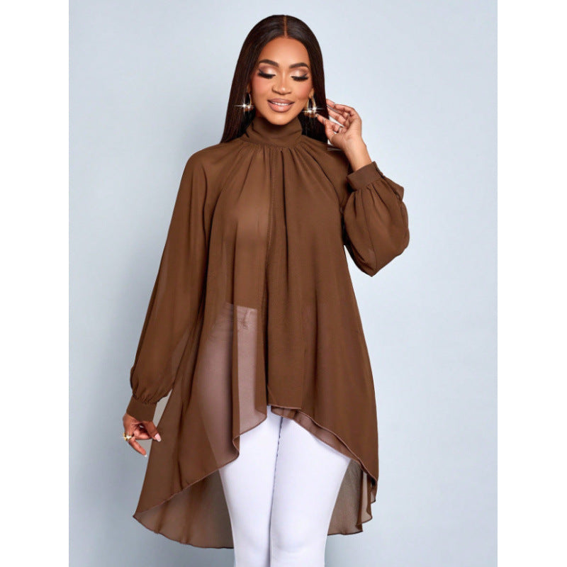 Damer Elegant Långärmad Blus med Asymmetrisk Söm och Ståkrage Mirla-Eva Jonsson