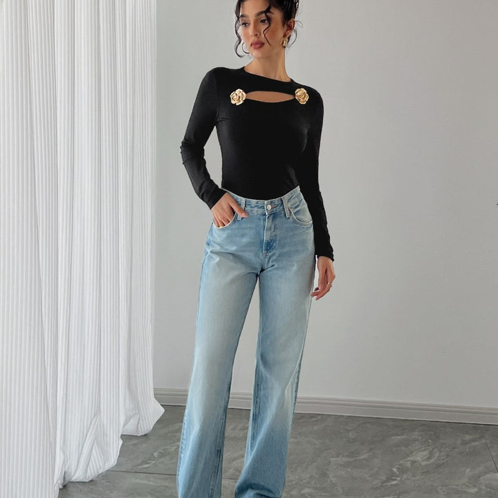 Damer Elegant Långärmad Bodysuit med dekorativa Blommöster Mirla-Eva Jonsson