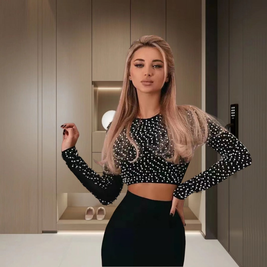 Damer Elegant Långärmad Crop-Top med Pärlbesättning Mirla-Eva Jonsson