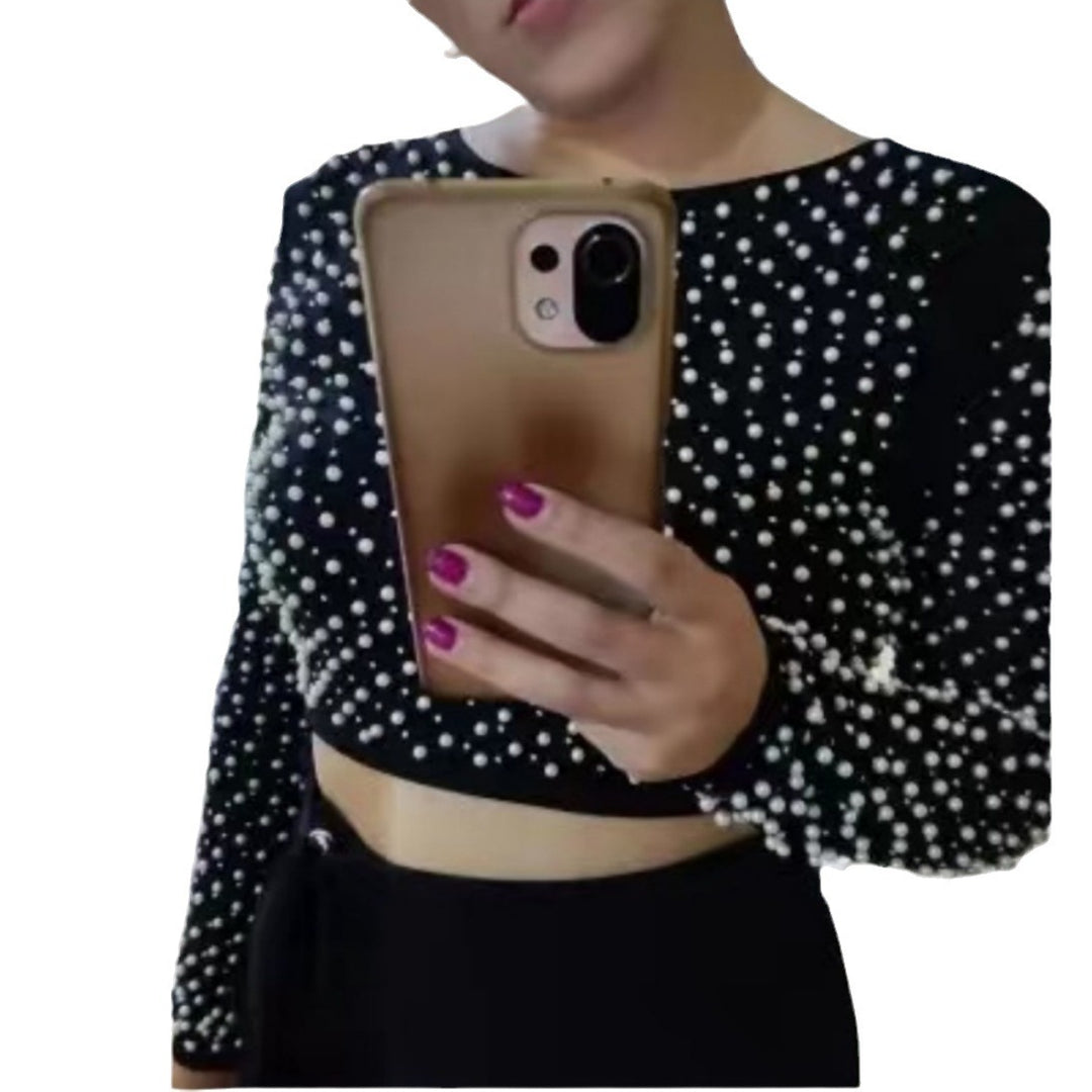 Damer Elegant Långärmad Crop-Top med Pärlbesättning Mirla-Eva Jonsson