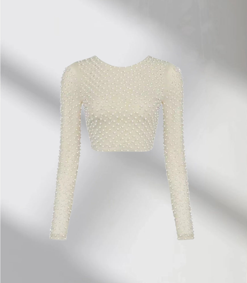 Damer Elegant Långärmad Crop-Top med Pärlbesättning Mirla-Eva Jonsson