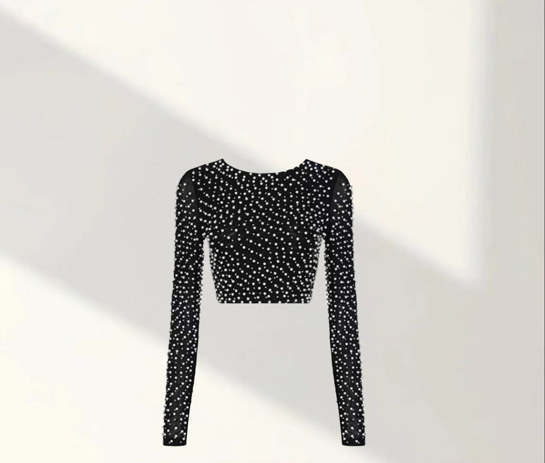 Damer Elegant Långärmad Crop-Top med Pärlbesättning Mirla-Eva Jonsson