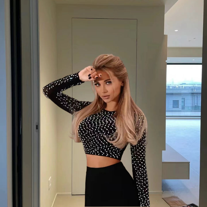 Damer Elegant Långärmad Crop-Top med Pärlbesättning Mirla-Eva Jonsson