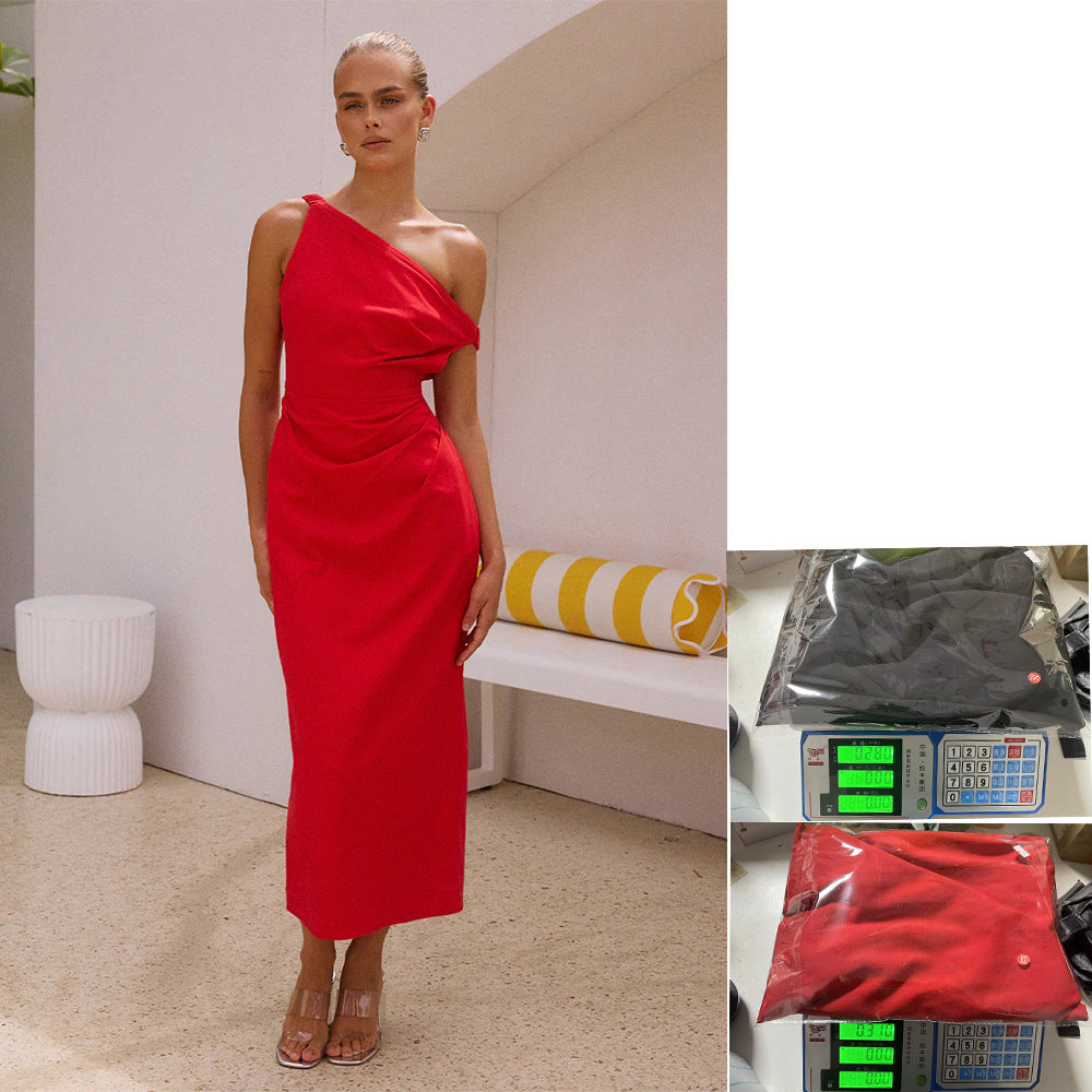 Damer Elegant Långärmad Klänning med Asymmetrisk Design och Finskjutning-Eva Jonsson