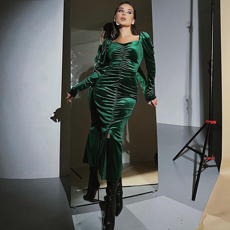 Damer Elegant Långärmad Klänning med Rynkat Design Mirla-Eva Jonsson