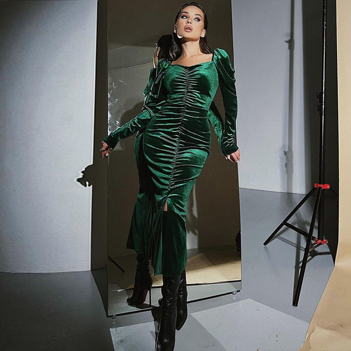 Damer Elegant Långärmad Klänning med Rynkat Design Mirla-Eva Jonsson