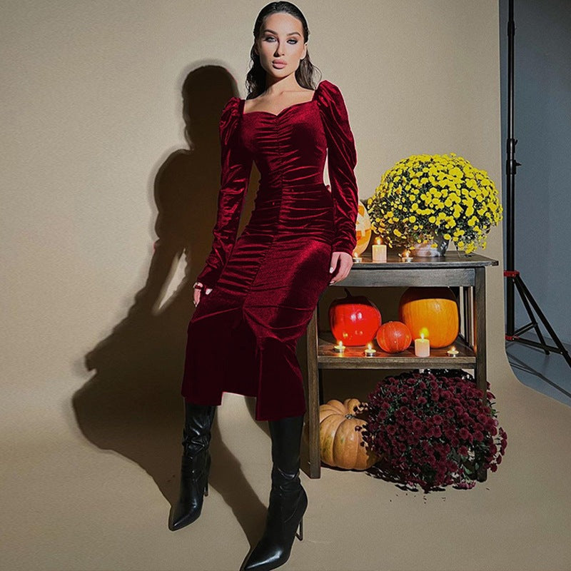 Damer Elegant Långärmad Klänning med Rynkat Design Mirla-Eva Jonsson