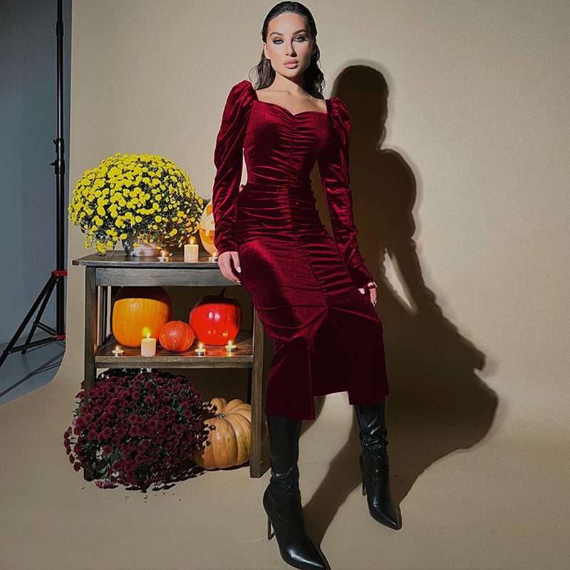 Damer Elegant Långärmad Klänning med Rynkat Design Mirla-Eva Jonsson