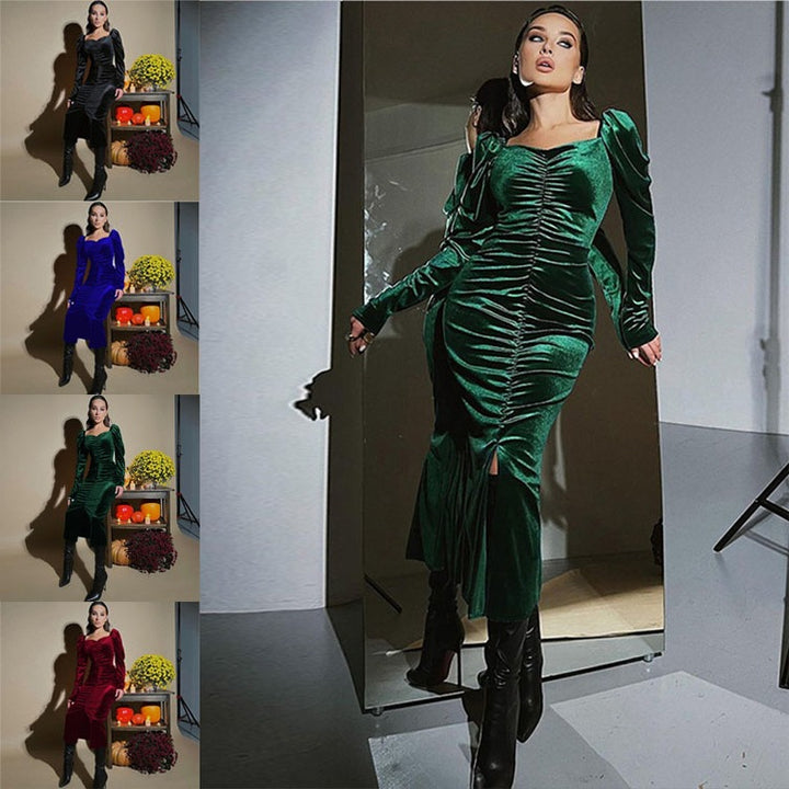 Damer Elegant Långärmad Klänning med Rynkat Design Mirla-Eva Jonsson