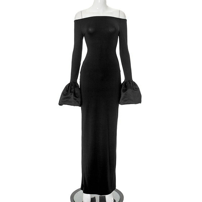 Damer Elegant Långärmad Maxiklänning med Off-Shoulder-Urringning och Ryschdetaljer Mirla-Eva Jonsson