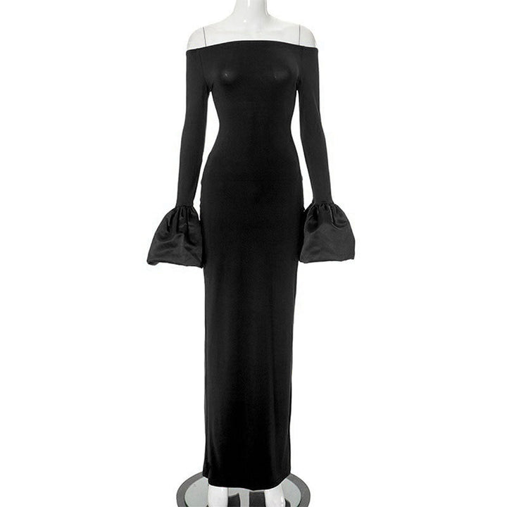 Damer Elegant Långärmad Maxiklänning med Off-Shoulder-Urringning och Ryschdetaljer Mirla-Eva Jonsson