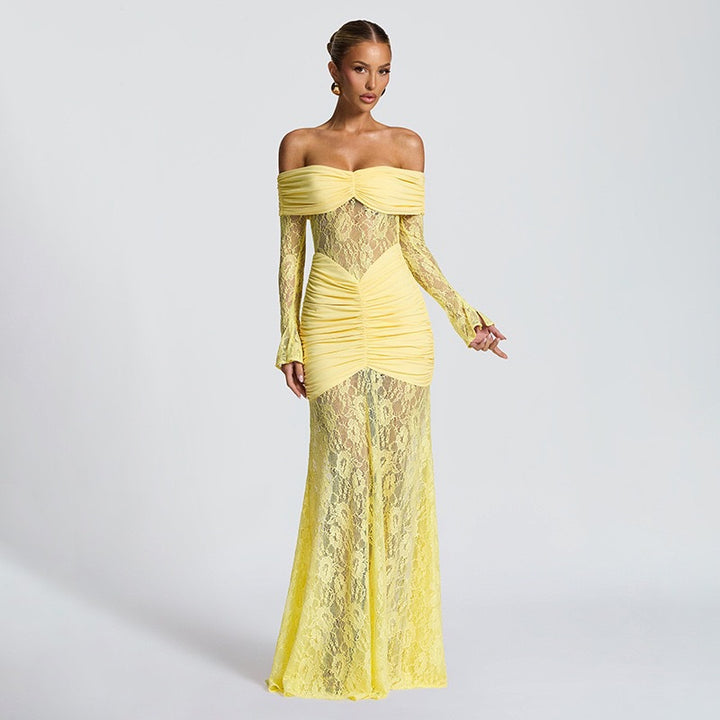 Damer Elegant Långärmad Spets Klänning med Rynkor och Off-shoulder Design Mirla-Eva Jonsson
